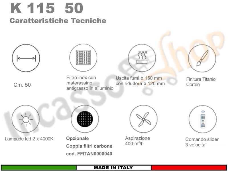 Cappa Parete Moderna Ø 50 K 115-W Struttura Corten Motore 600 m³/h