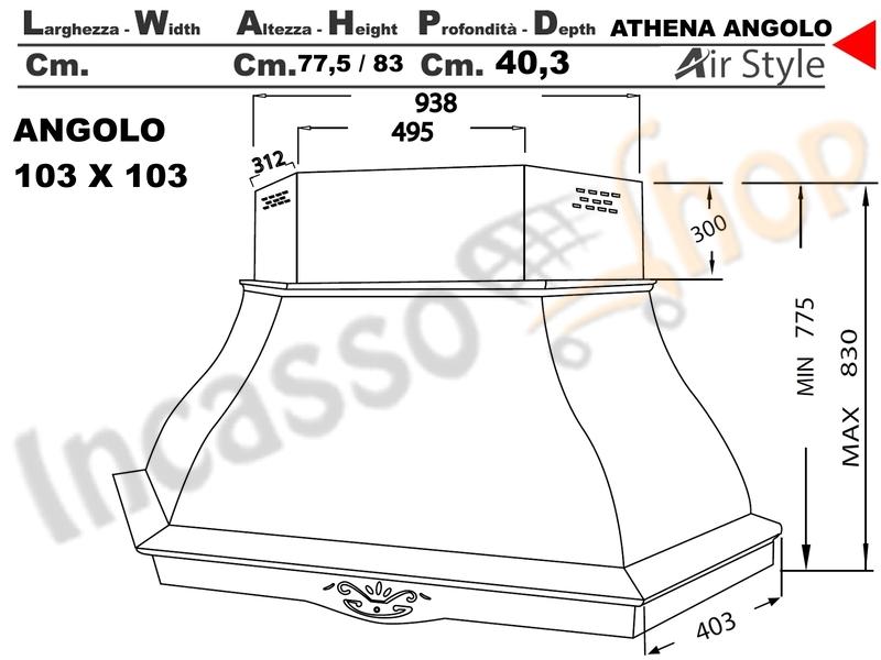 Cappa Angolo Athena 103X103 Legno Frassino o Tiglio Verniciata + MOTORE 420 m3/h