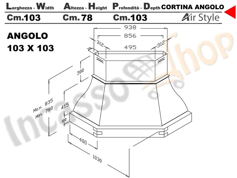 Cappa Angolo CORTINA K203 103X103 Con Trave Scolpita Frassino/Tiglio Grezza