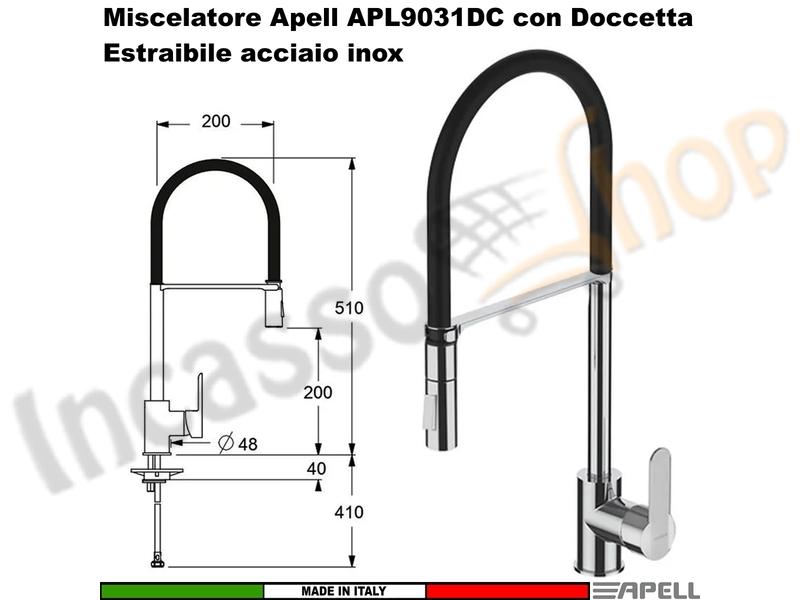 Miscelatore Doccione APELL APL9031DCCR Canna Alta Doccetta Estraibile Cromato