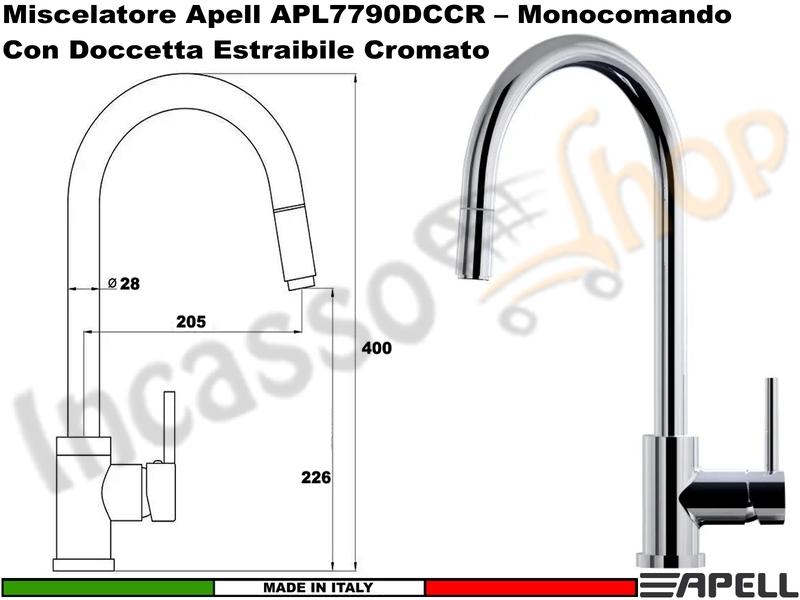 Miscelatore Doccione APELL APL7790DCCR Canna Alta Doccetta Estraibile Cromato