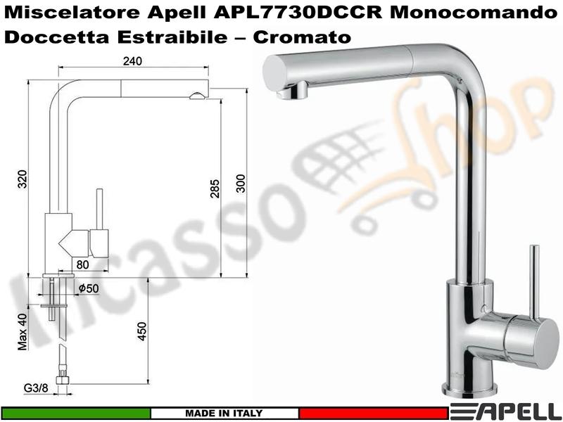 Miscelatore Monocomando APELL APL7730DCCR Canna Alta Doccetta Estraibile Cromato