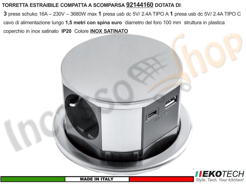 Torretta Multipresa Estraibile a Scomparsa 3 Prese 1 USB A + 1 USB TIPO C INOX