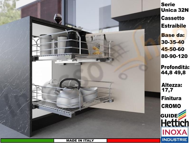 Cassetto Cestone Estrazione Manuale Cromo INOXA Serie UNICA Guide HETTICH da 30/120 Pr.45