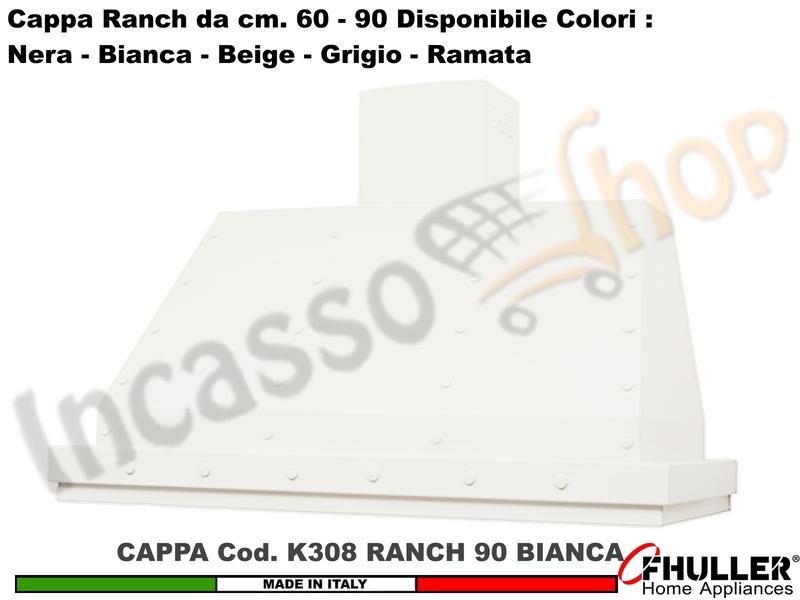 Cappa Cucina Parete Moderna RANCH K308 cm.90 Bianca + MOTORE 420 m³/h Classe F