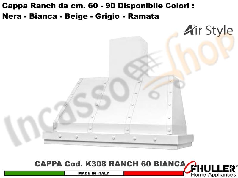 Cappa Cucina Parete Moderna RANCH K308 cm.60 Bianca + MOTORE 420 m³/h Classe F