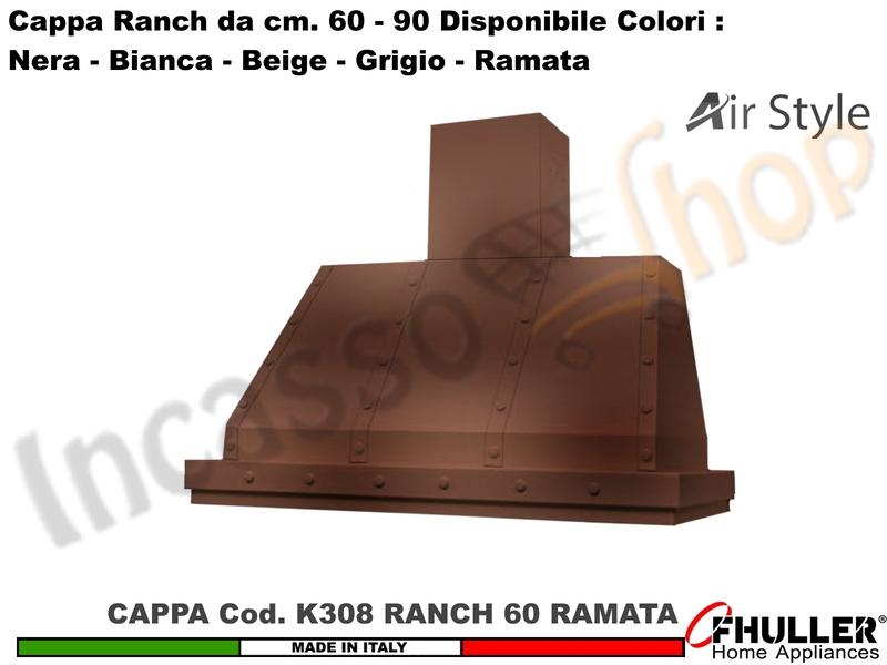 Cappa Cucina Parete Moderna RANCH K308 cm.60 Ramata + MOTORE 420 m³/h Classe F