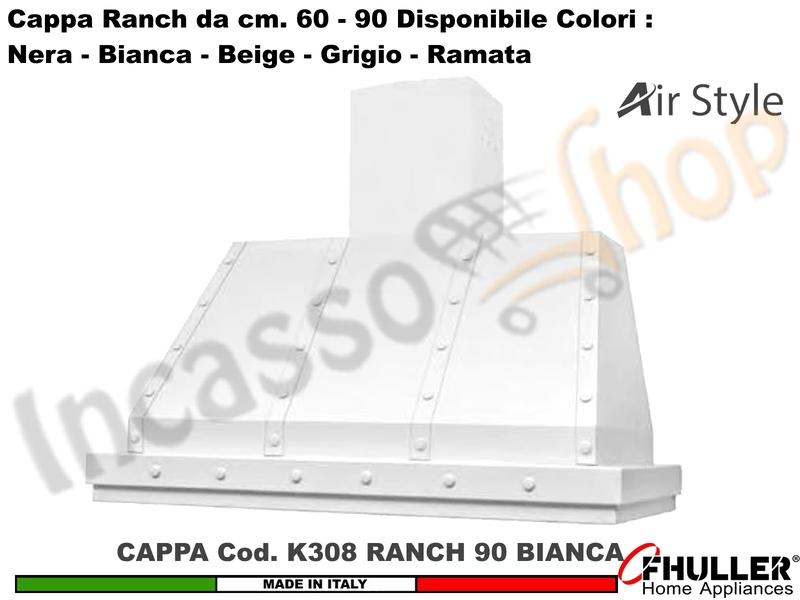 Cappa Cucina Parete Moderna RANCH K308 cm.90 Bianca + MOTORE 420 m³/h Classe F