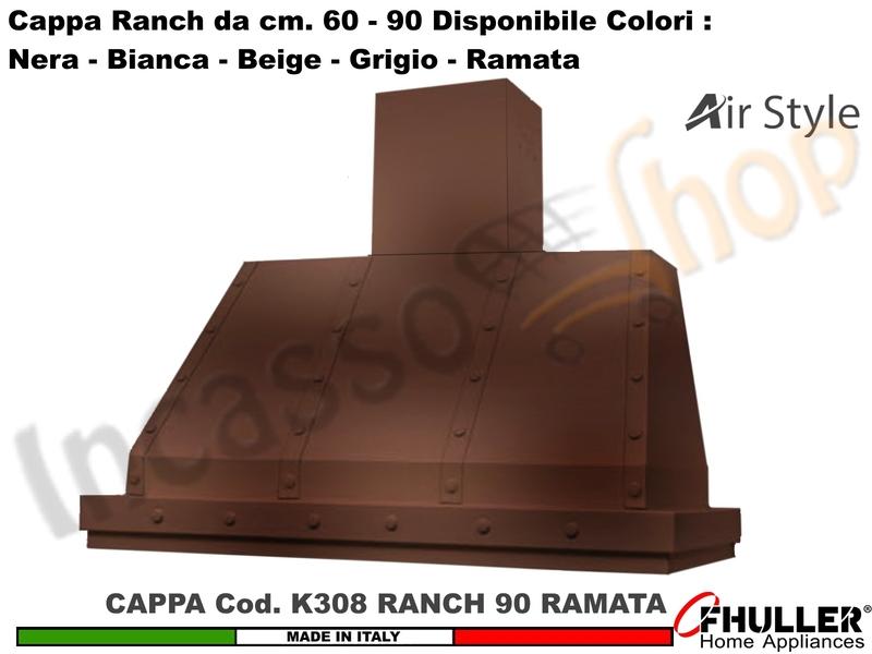 Cappa Cucina Parete Moderna RANCH K308 cm.90 Ramata + MOTORE 420 m³/h Classe F